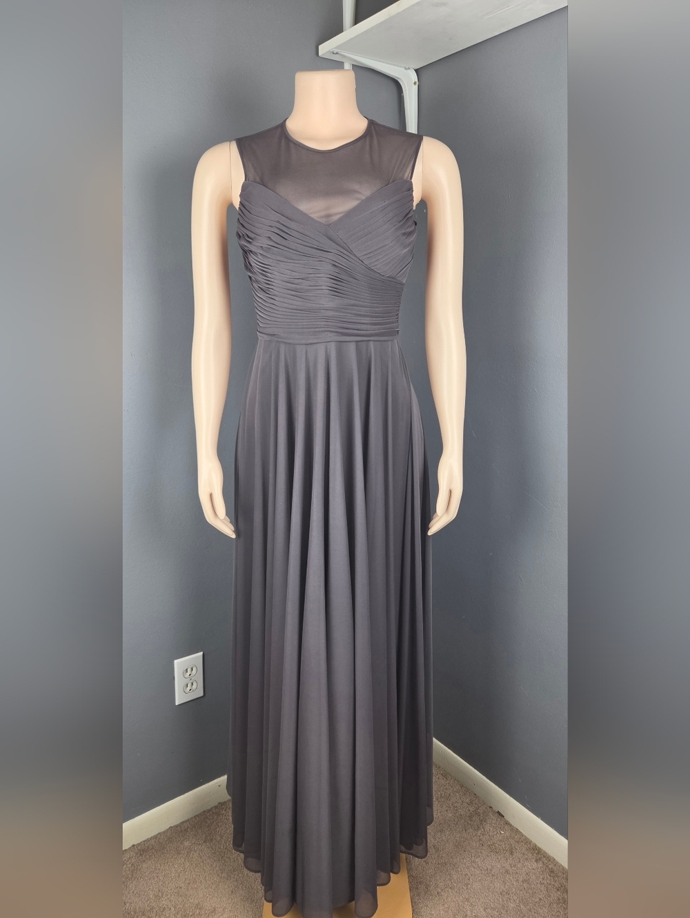ALFRED SUNG Charcoal Maxi Dress with Ruched Crossover Bodice